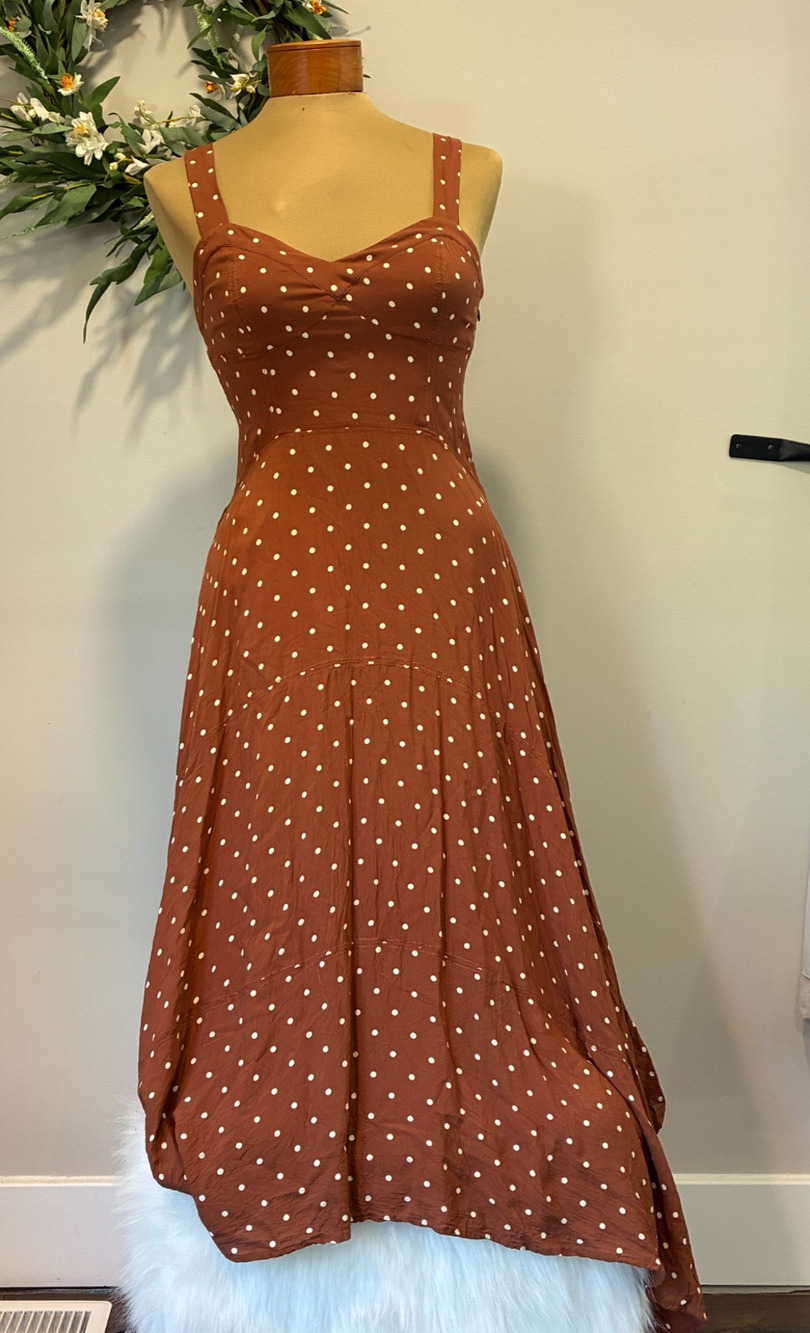 Maeve Anthropologie Rust Polka Dot Sundress Sweetheart High Low Midi Dress, Sz 4